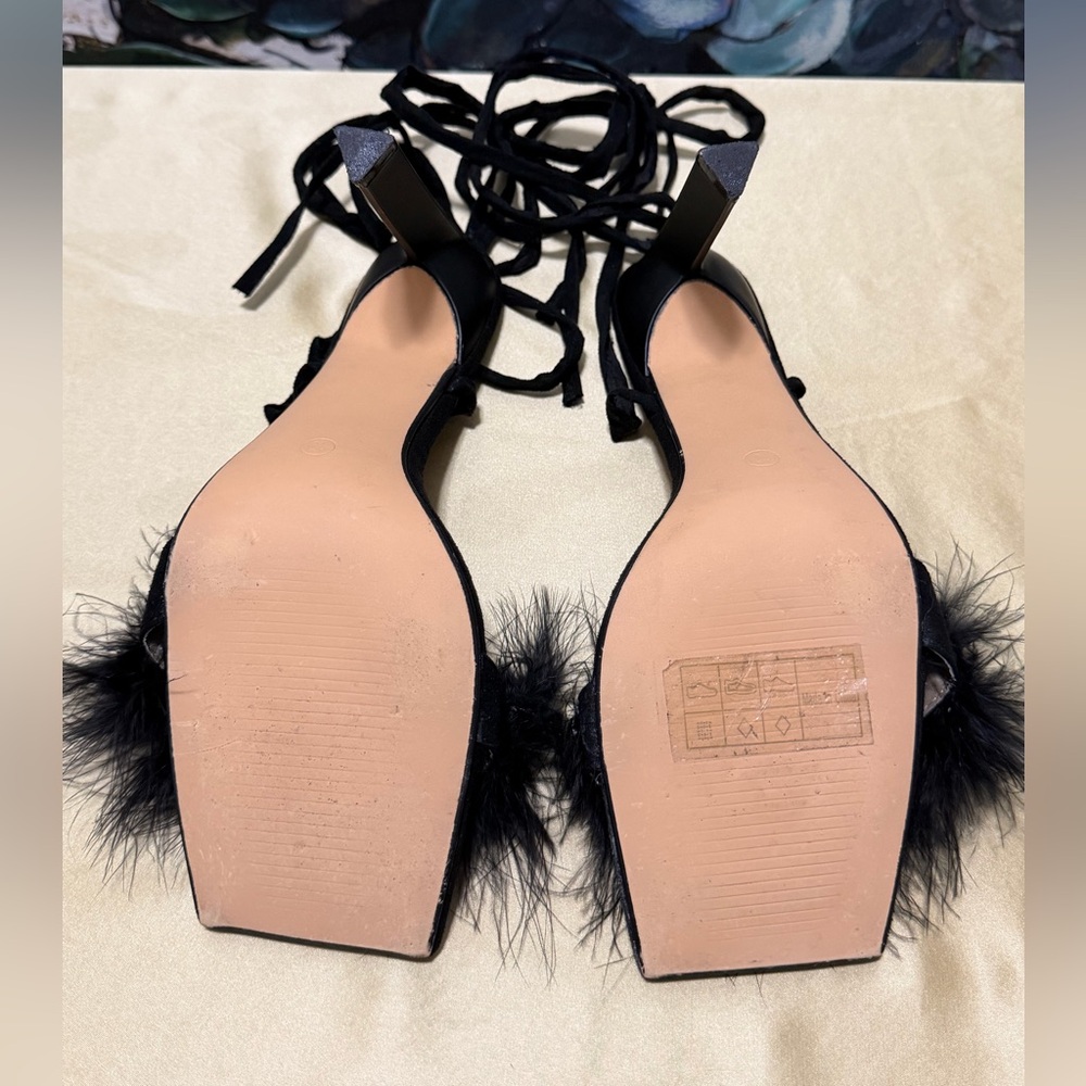 SheIn Black Feather Lace-Up Heels Square Toe Stilettos Heels Size 10 Elegant - Picture 3 of 8
